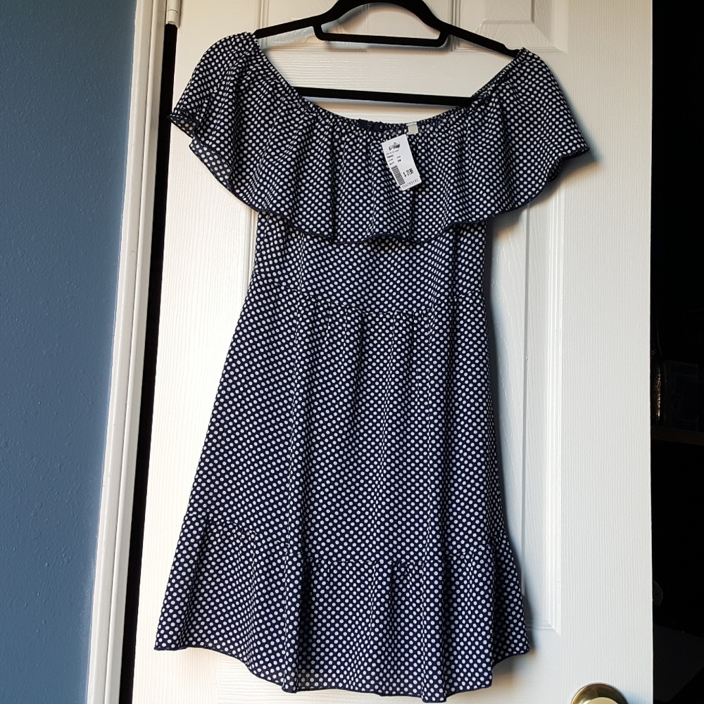 Strapless Navy Blue Polka Dot Dress